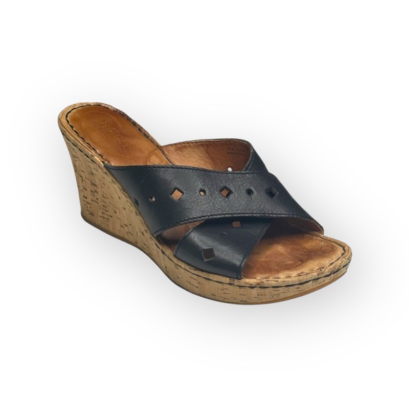 Born® 𖤐 Cross Font Laser Cut Cork Wedge Heel Sandals 𖤐 Black Leather 𖤐 6 36.5 - Picture 2 of 16